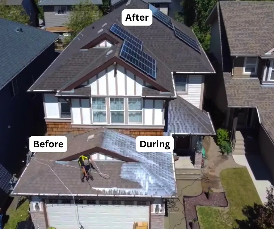 House with solar panels and roof areas labeled before, during and after treatment