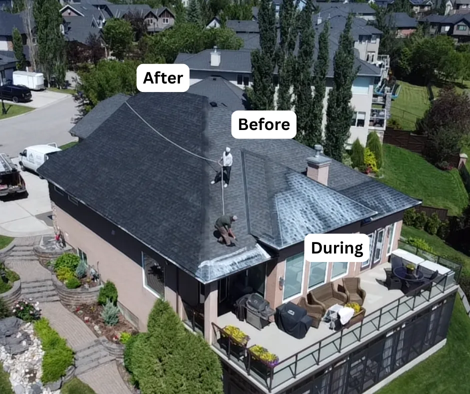 Roof rejuvenation showing before, during and after treatment