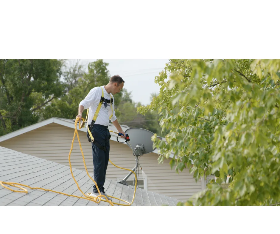 Worker on a shingle roof with treatment equipment